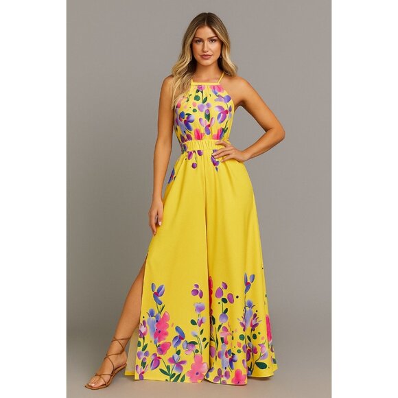 Boho Split Sides Floral Wide Leg Jumpsuit Yellow - Picture 1 of 4